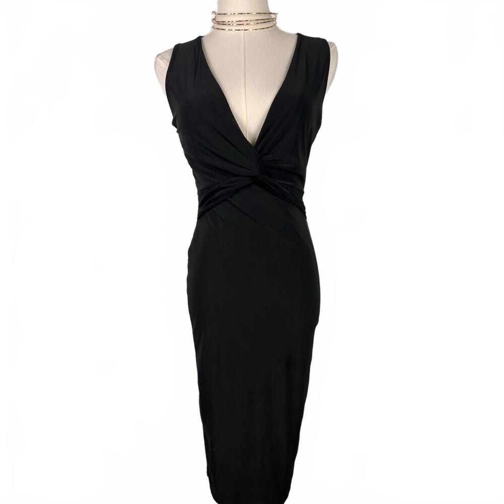 21 SAINTS🔥LITTLE BLACK DRESS – Sexy Bodycon V-Neck Knot Twist Midi! 🔥